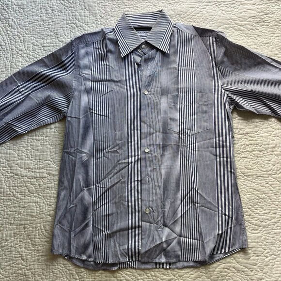 Dolce & Gabbana Men Top Blue Dress Shirt Striped Patterned Button Up Size Medium - Picture 1 of 7